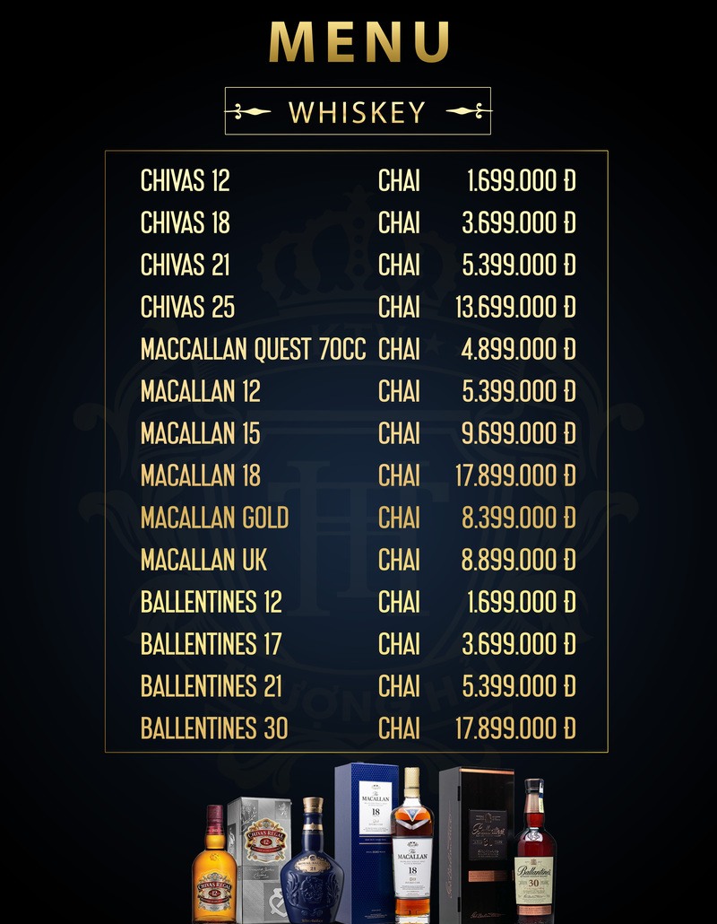 Menu whiskey Chivas Macallan Ballentines Thượng Hải KTV