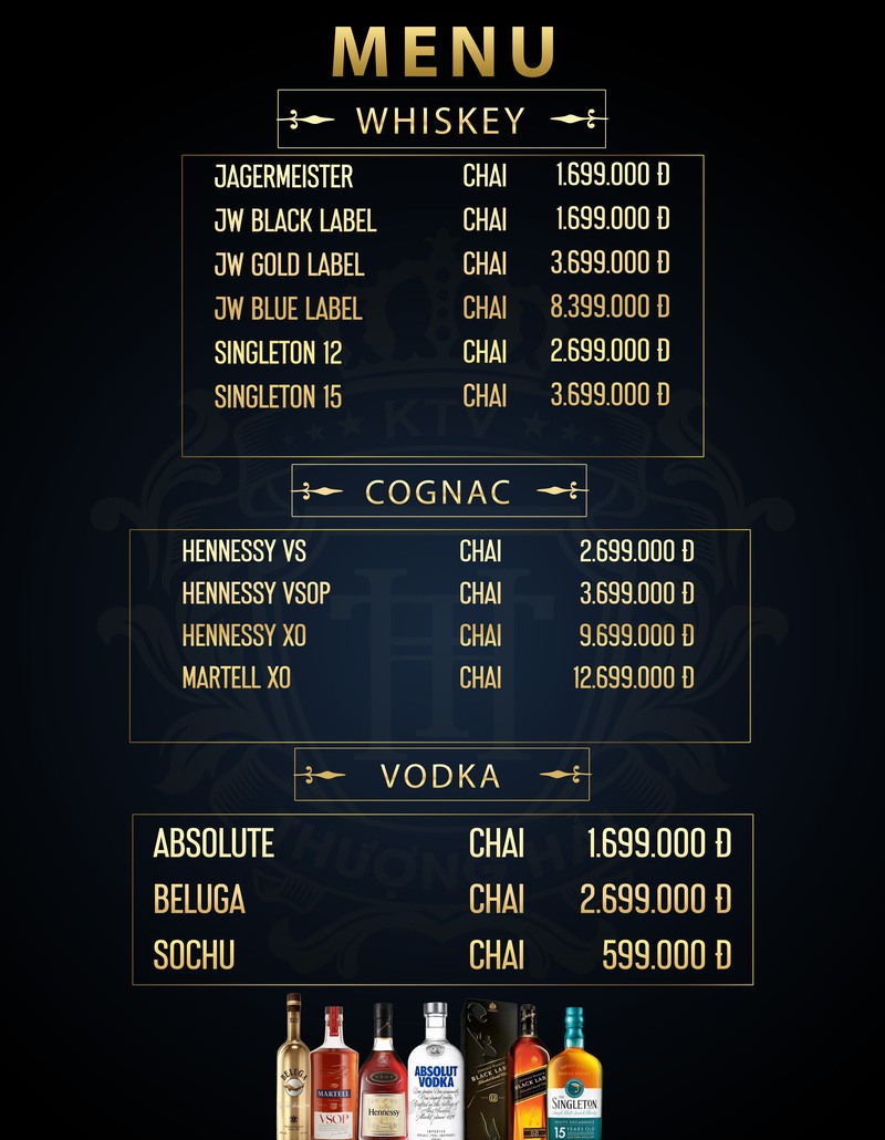 Menu whiskey cognac vodka Thượng Hải KTV