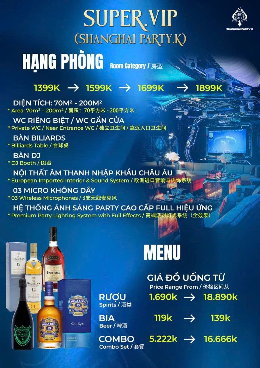 Bảng giá phòng Super VIP Thượng Hải KTV
